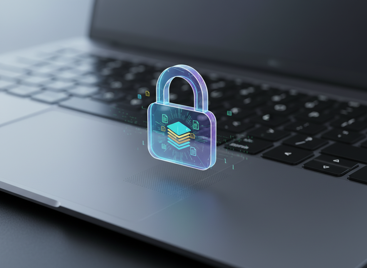 A close-up, photographic view of a semi-transparent, holographic lock hovering above a polished graphite laptop trackpad. Within the lock, tiny, intricate layers of rotating document icons and data fragments rearrange themselves into a perfectly aligned stack, suggesting real-time encryption and organization. The laptop keyboard fades softly into the background, slightly blurred, with only the edges of the keys catching highlights from cool, directional side lighting. The mood is precise and futuristic yet professional, with a minimalist aesthetic. Shot with a macro lens and shallow depth of field, the glowing holographic elements stand out crisply against the darker, matte hardware, communicating the idea of invisible but powerful protection of personal files.